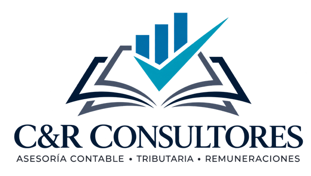 Logo de C&R Consultores: libro abierto con gráfico de barras y visto bueno